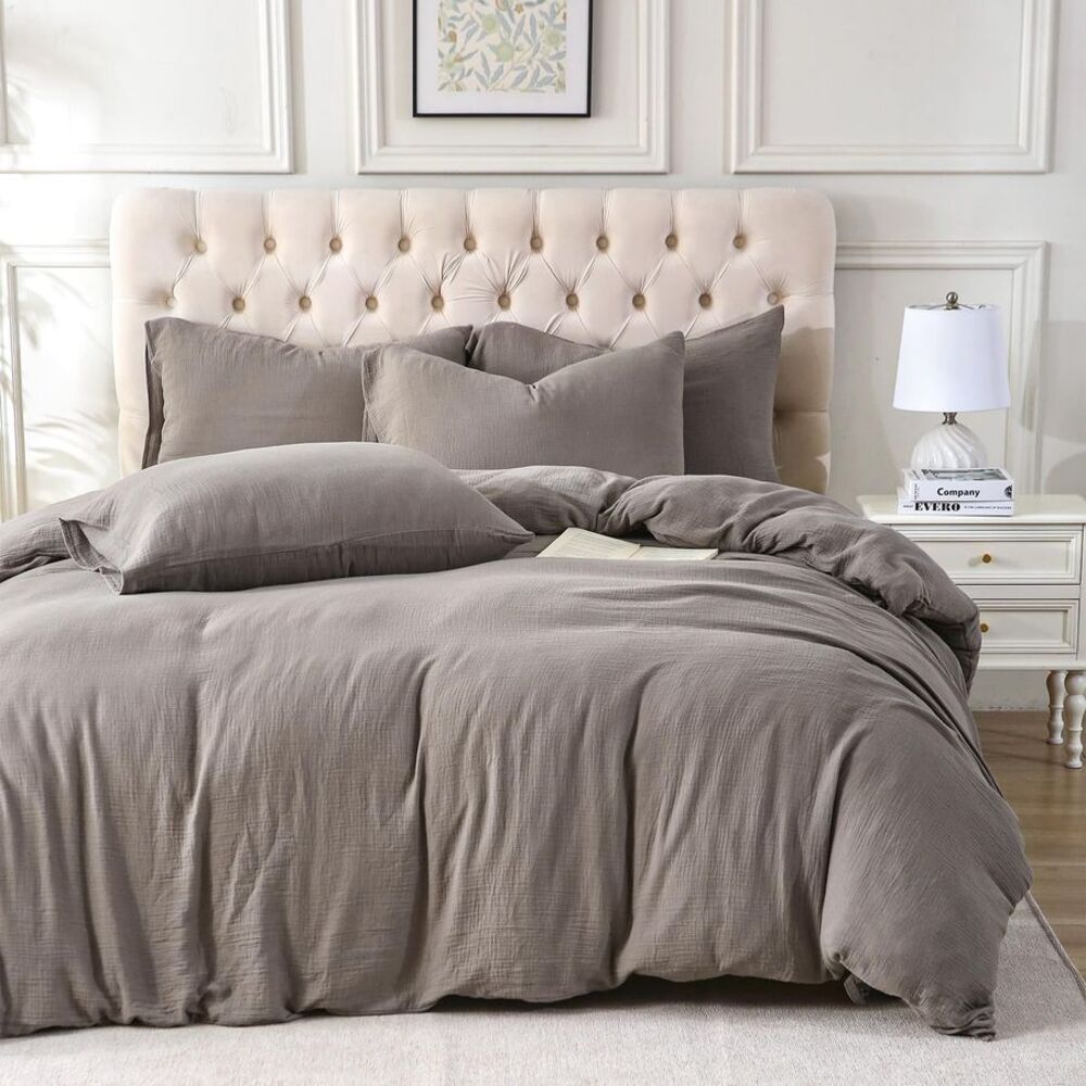 Muslin Cotton Duvet Cover Set Queen Gray 3Pc Washed Cotton Gauze Bedding